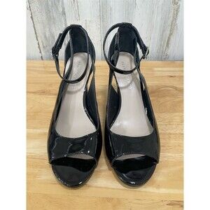 Franco Sarto Womens Black Patent Peep Toe Ankle Strap  Sz 9 High Heel Pumps